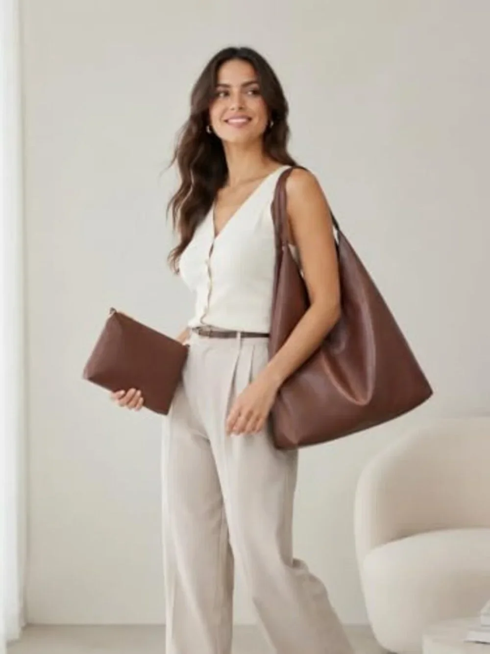 2-Piece Set: Large Soft Vegan Leather Slouchy Hobo Tote Bags for Women
